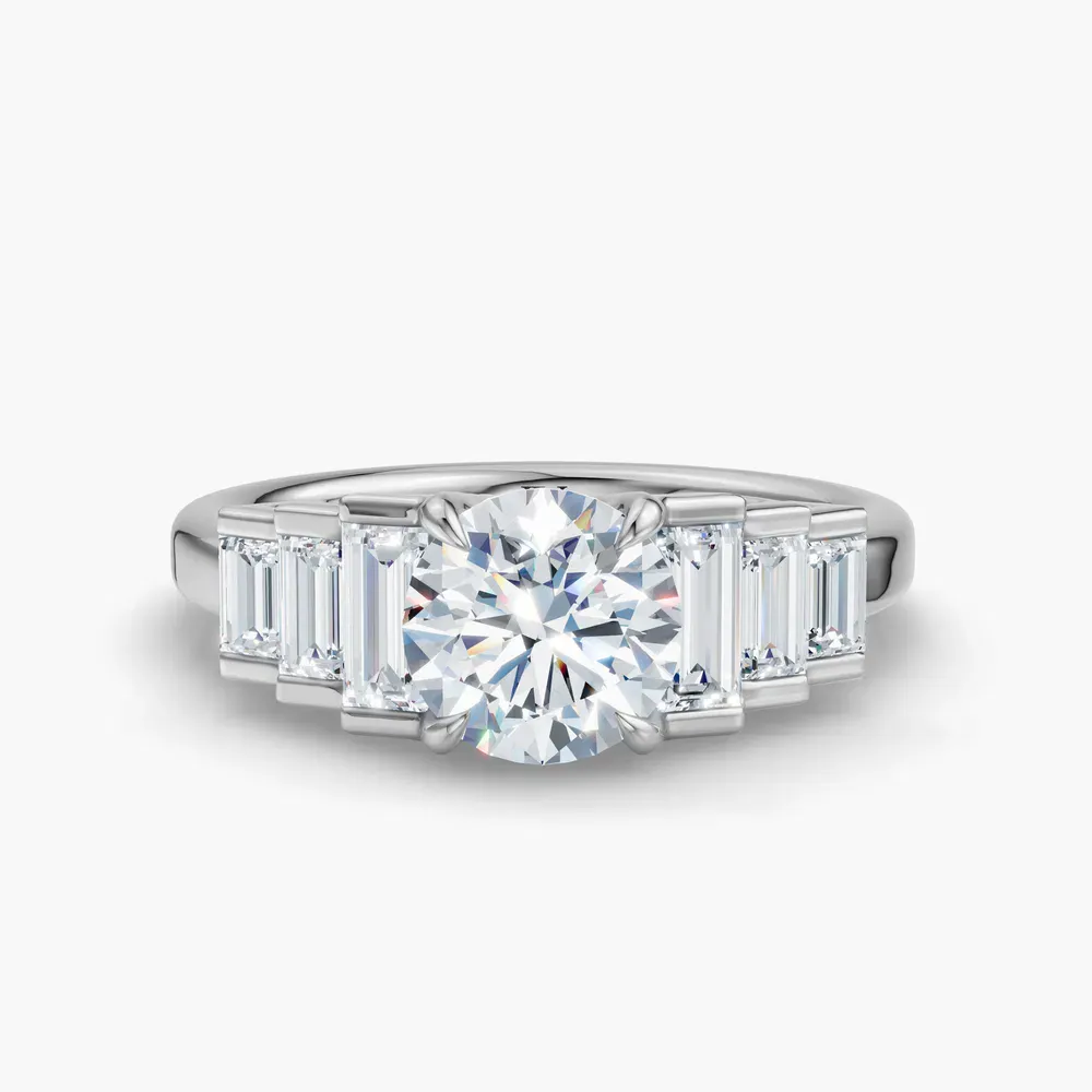 Certified 1 carat Lab Grown Diamond Round Cut Baguette, Art Deco, Four Prong Engagement Ring in 14K White Gold-Zepy