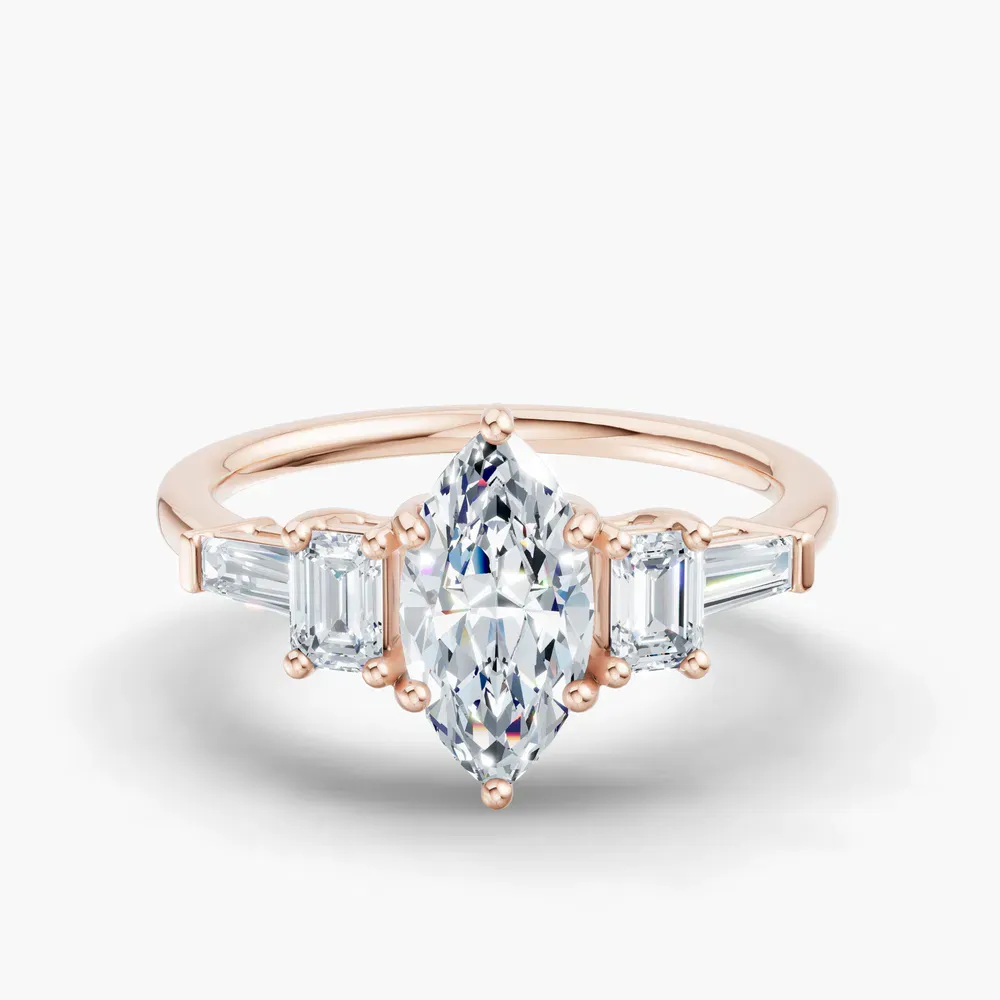 Certified 1 carat Lab Grown Diamond Marquise Cut Five Stone, Baguette, Art Deco Engagement Ring in 14K Rose Gold-Olume