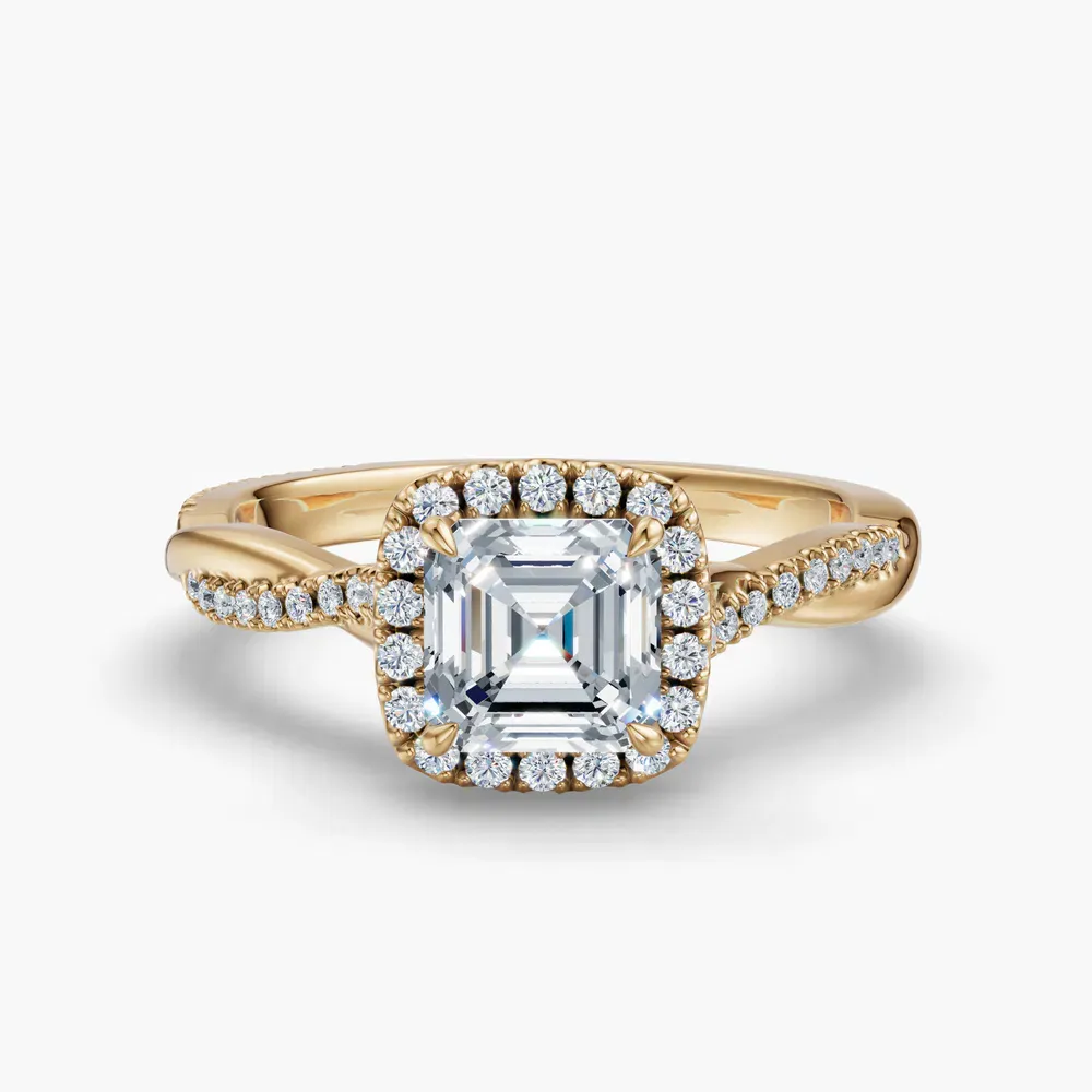 Certified 1 carat Lab Grown Diamond Asscher Cut Twist, Cathedral, Pavé Engagement Ring in 14K Yellow Gold-Itic
