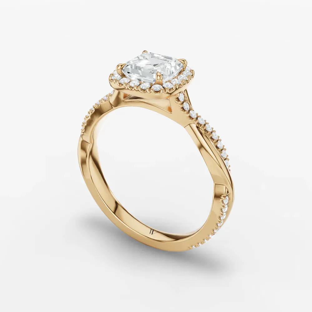 Certified 1 carat Lab Grown Diamond Asscher Cut Twist, Cathedral, Pavé Engagement Ring in 14K Yellow Gold-Itic