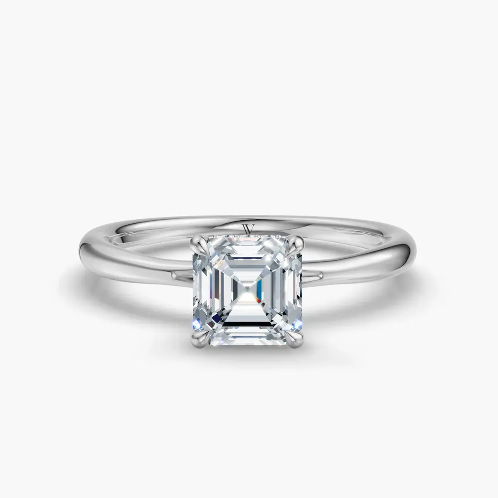 Certified 1 carat Lab Grown Diamond Asscher Cut Hidden Halo, Solitaire, Low profile Engagement Ring in 14K White Gold-Anomis