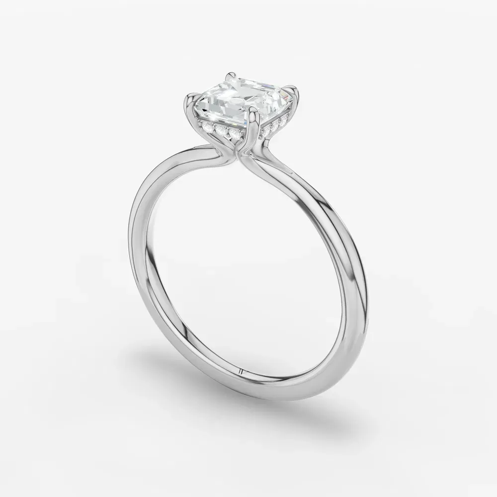 Certified 1 carat Lab Grown Diamond Asscher Cut Hidden Halo, Solitaire, Low profile Engagement Ring in 14K White Gold-Anomis