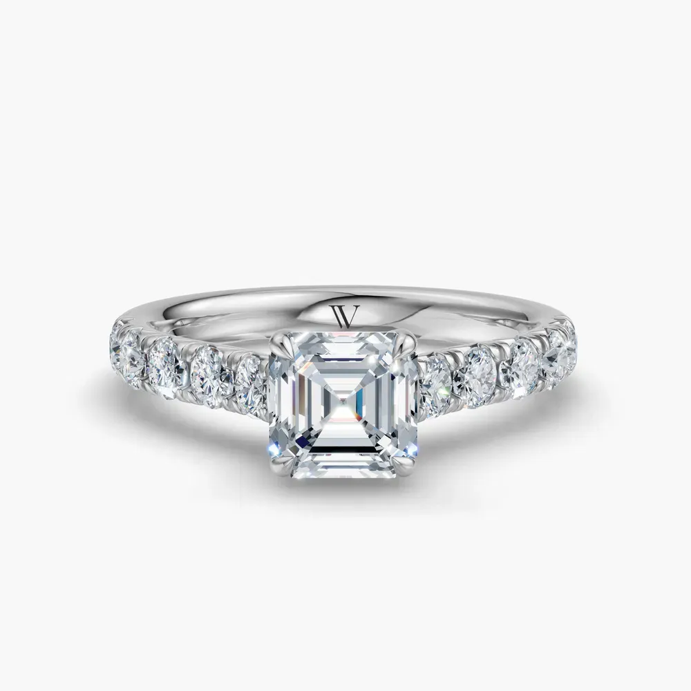 Certified 1 carat Lab Grown Diamond Asscher Cut Pavé, Cathedral, Low profile Engagement Ring in 14K White Gold-Israfil