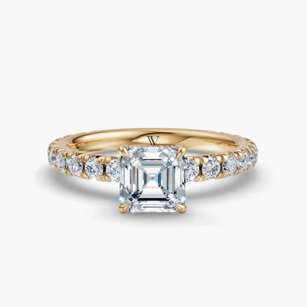 Certified 1 carat Lab Grown Diamond Asscher Cut Pavé, Hidden Halo, Low profile Engagement Ring in 14K Yellow Gold-Cyrra
