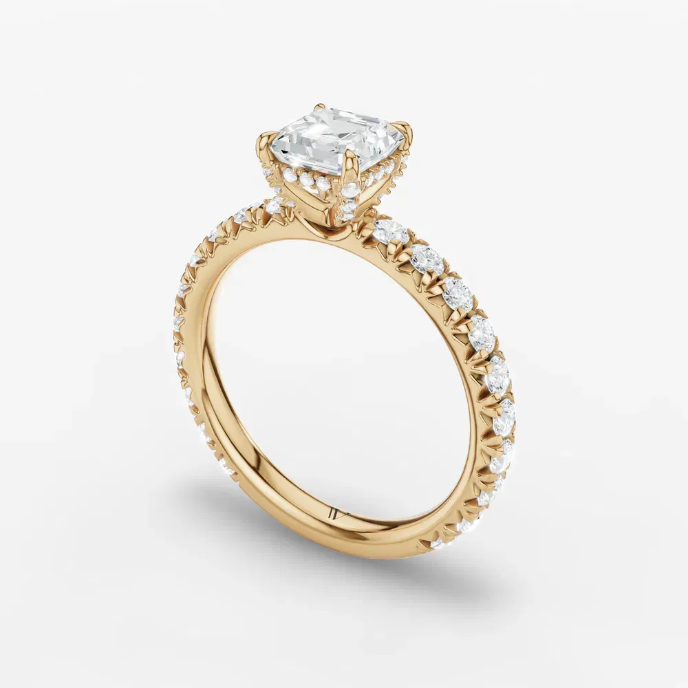 Certified 1 carat Lab Grown Diamond Asscher Cut Pavé, Hidden Halo, Low profile Engagement Ring in 14K Yellow Gold-Cyrra
