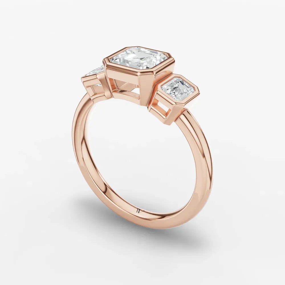 Certified 1 carat Lab Grown Diamond Asscher Cut Three Stone, Bezel, Low profile Engagement Ring in 14K Rose Gold-Elix