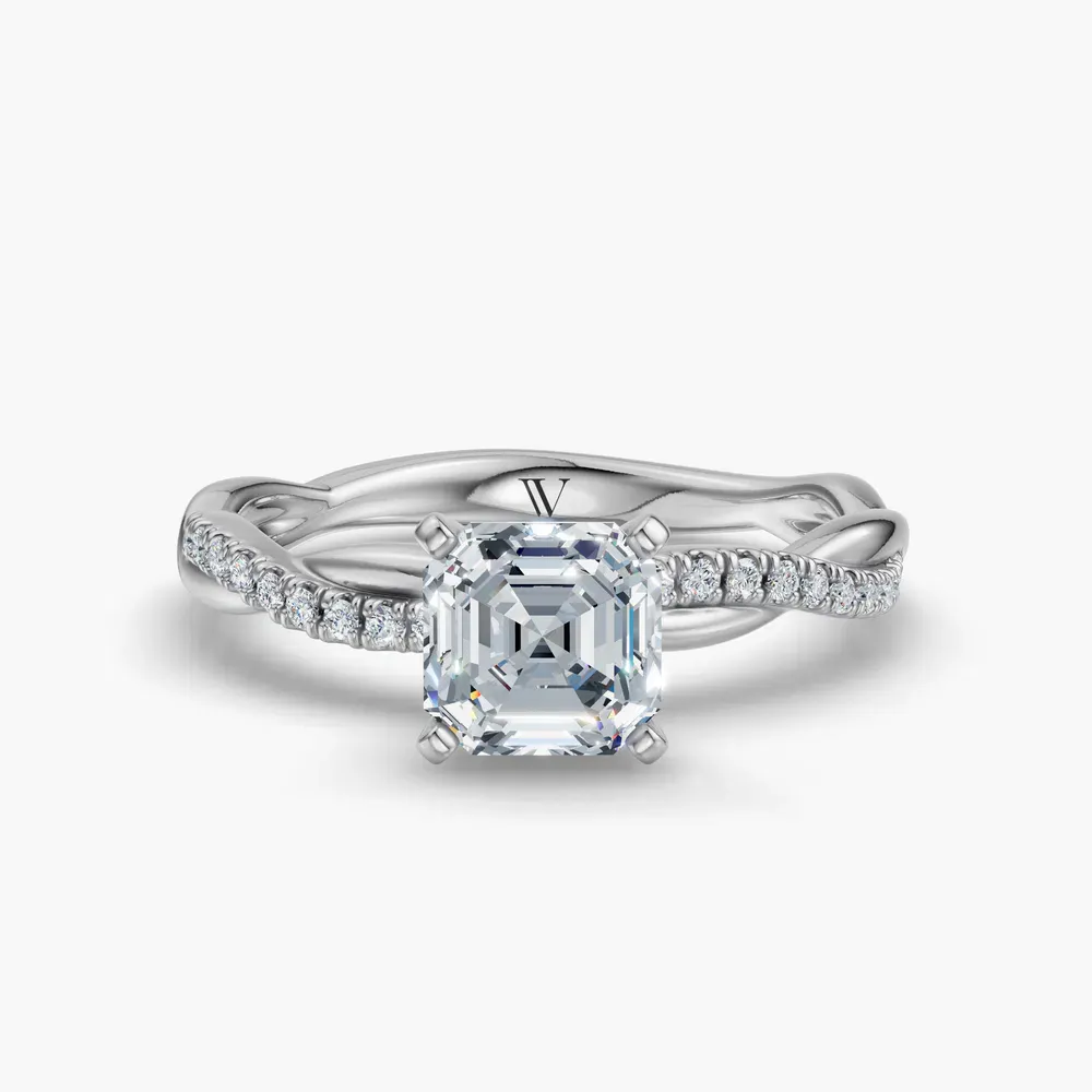 Certified 1 carat Lab Grown Diamond Asscher Cut Pavé, Twist, Infinity Engagement Ring in 14K White Gold-Obliq