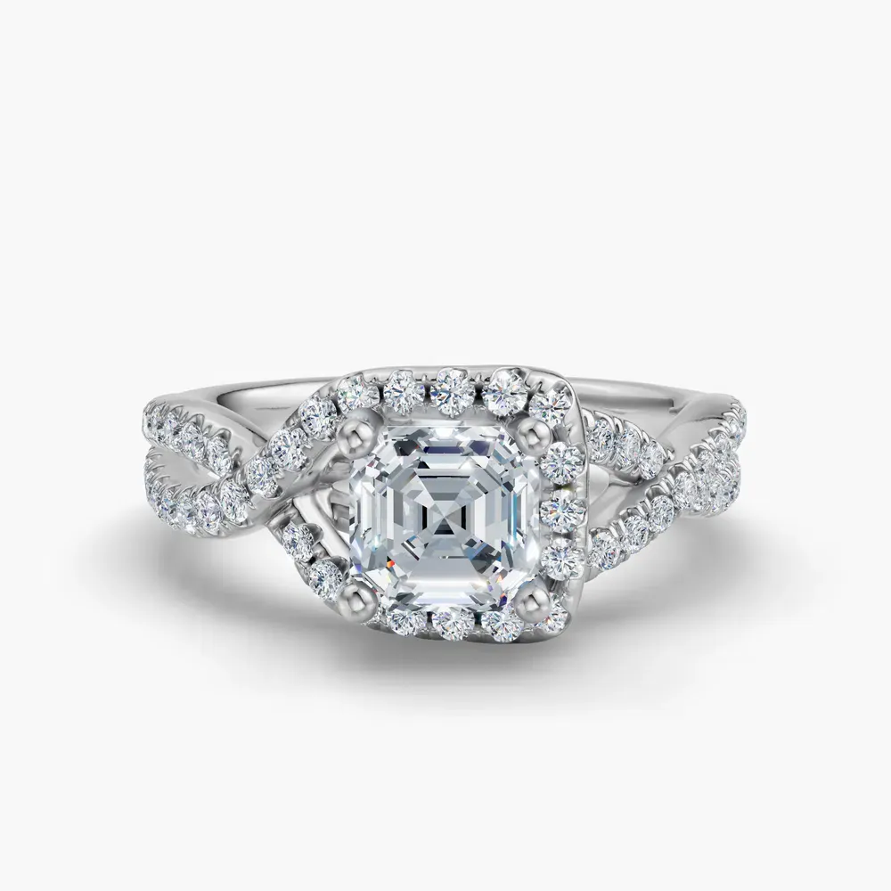 Certified 1 carat Lab Grown Diamond Asscher Cut Unique, Pavé, Halo Engagement Ring in 14K White Gold-Stellune