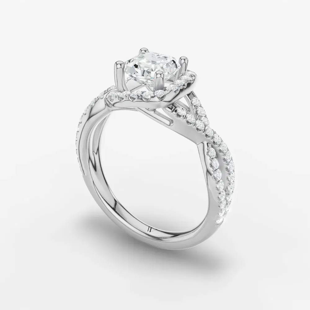 Certified 1 carat Lab Grown Diamond Asscher Cut Unique, Pavé, Halo Engagement Ring in 14K White Gold-Stellune