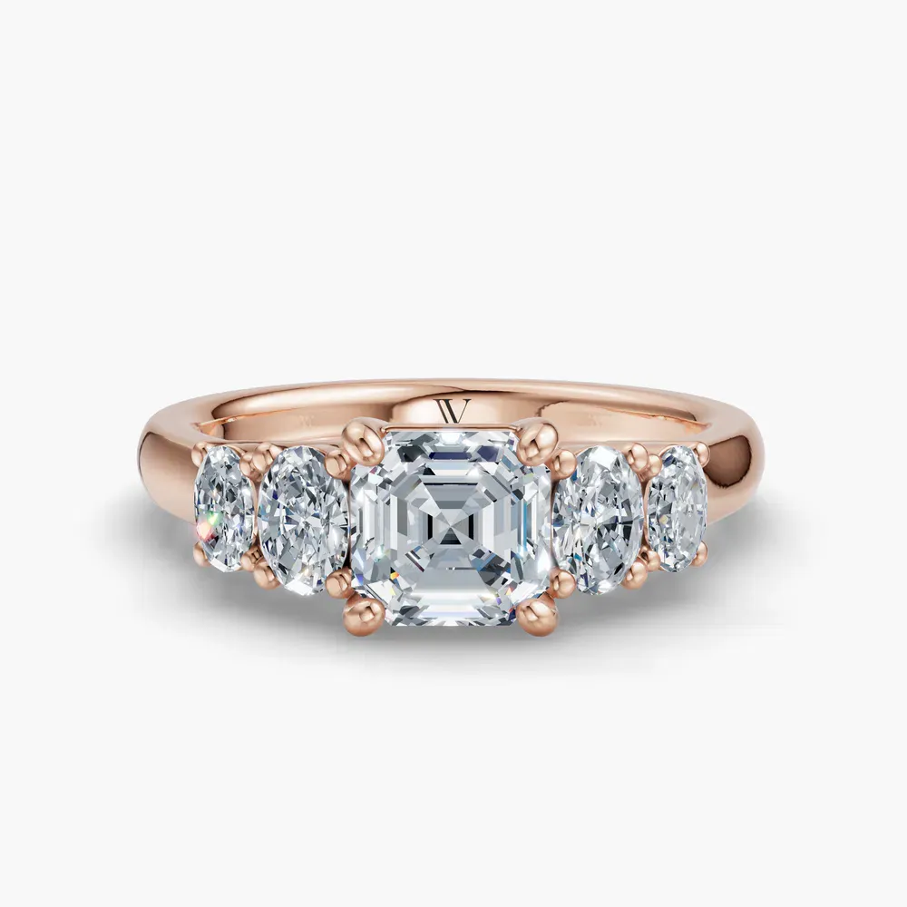 Certified 1 carat Lab Grown Diamond Asscher Cut Five Stone, Side Stone Engagement Ring in 14K Rose Gold-Elyx