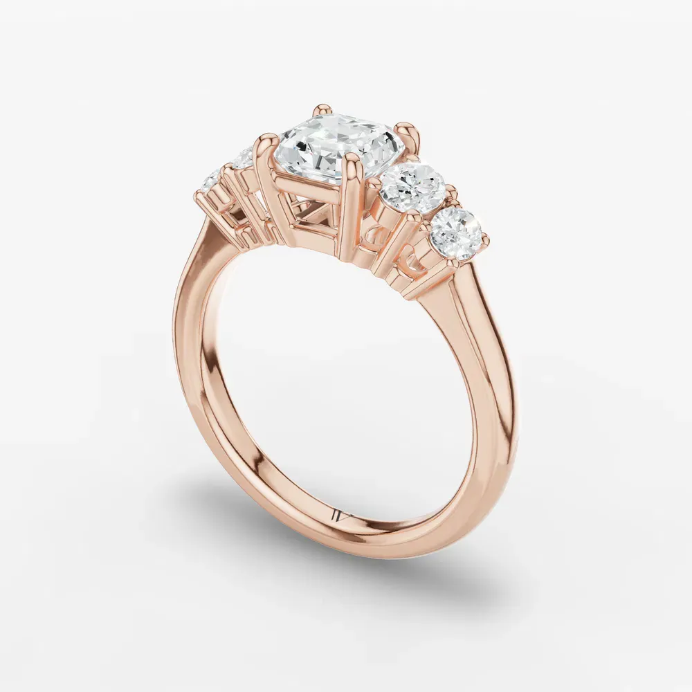 Certified 1 carat Lab Grown Diamond Asscher Cut Five Stone, Side Stone Engagement Ring in 14K Rose Gold-Elyx
