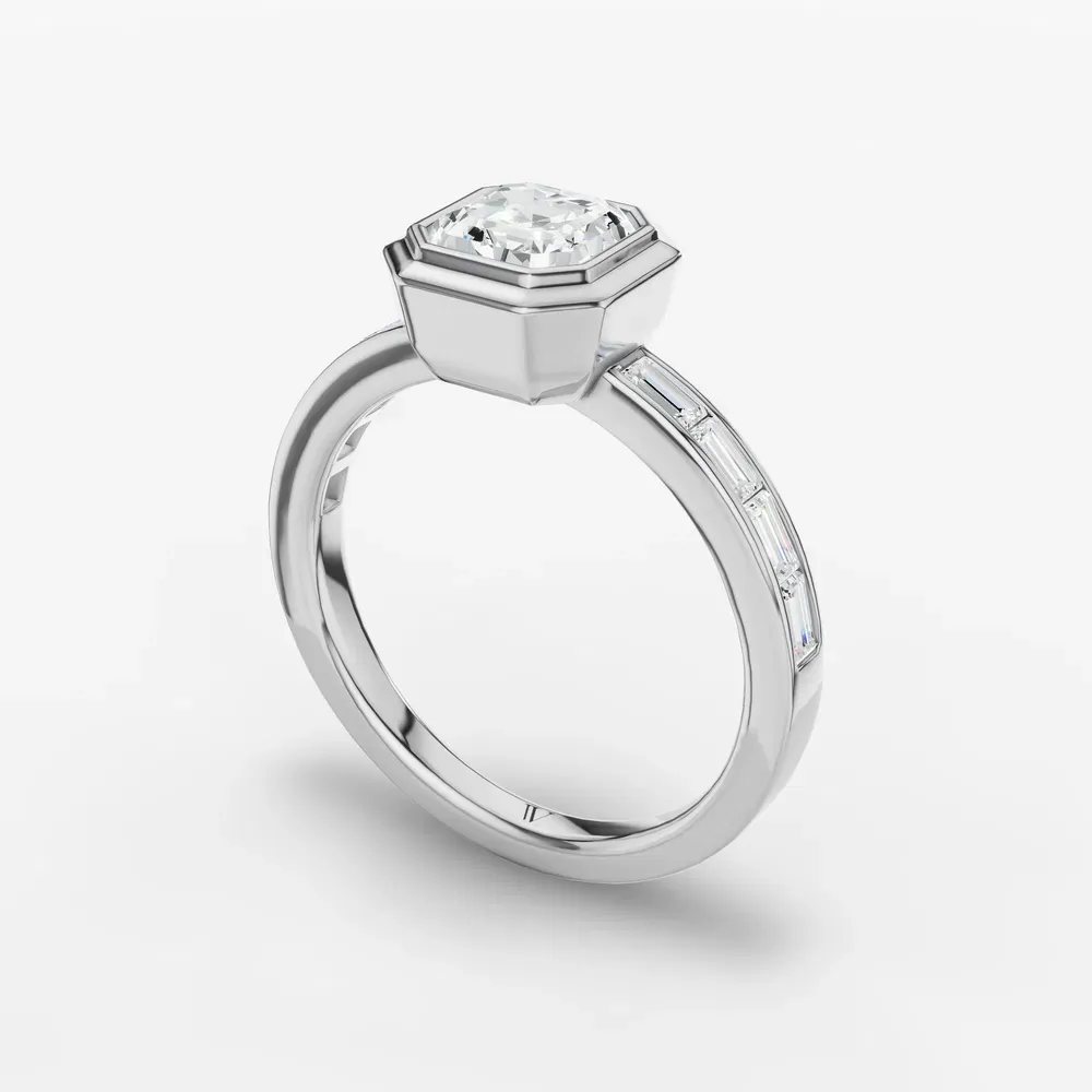 Certified 1 carat Lab Grown Diamond Asscher Cut Bezel, Channel Set, Art Deco Engagement Ring in 14K White Gold-Celeste