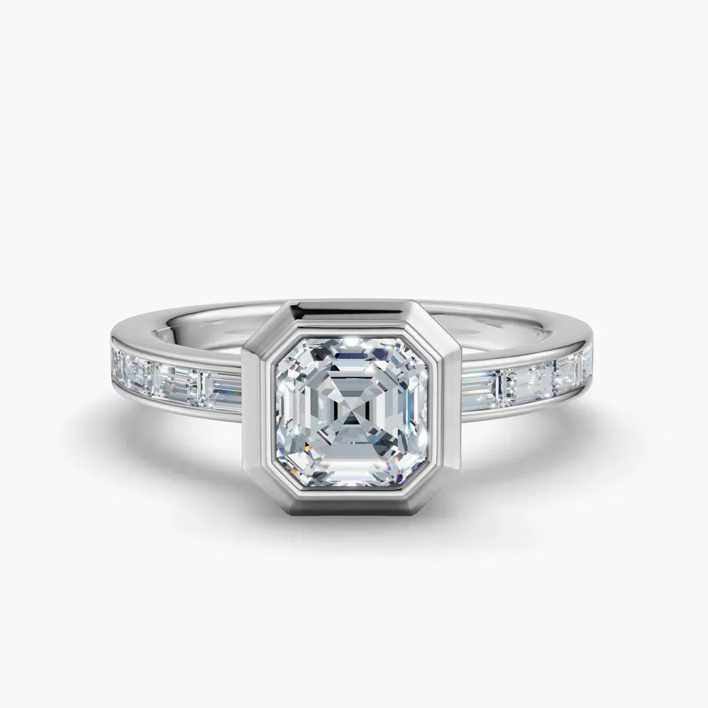 Certified 1 carat Lab Grown Diamond Asscher Cut Bezel, Channel Set, Art Deco Engagement Ring in 14K White Gold-Celeste