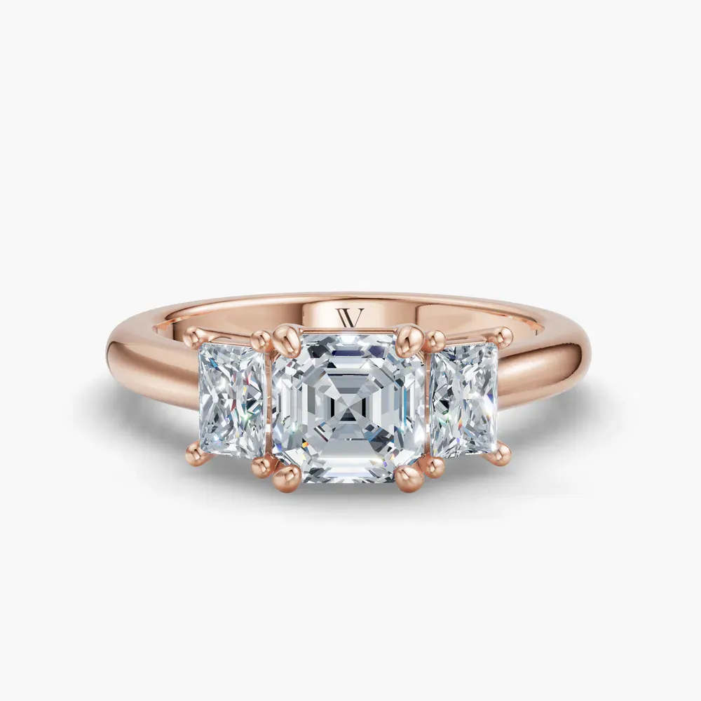 Certified 1 carat Lab Grown Diamond Asscher Cut Three Stone, Side Stone Engagement Ring in 14K Rose Gold-Dravon