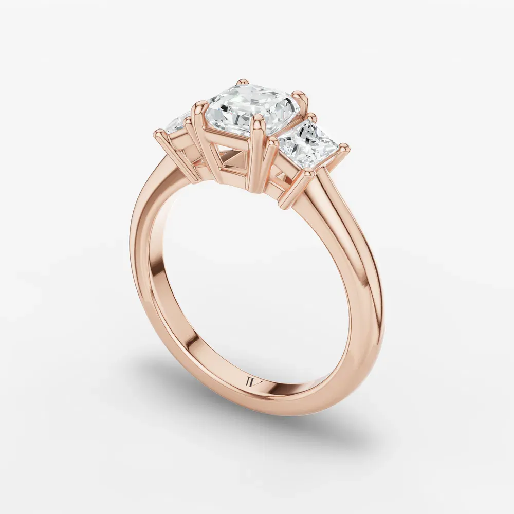Certified 1 carat Lab Grown Diamond Asscher Cut Three Stone, Side Stone Engagement Ring in 14K Rose Gold-Dravon