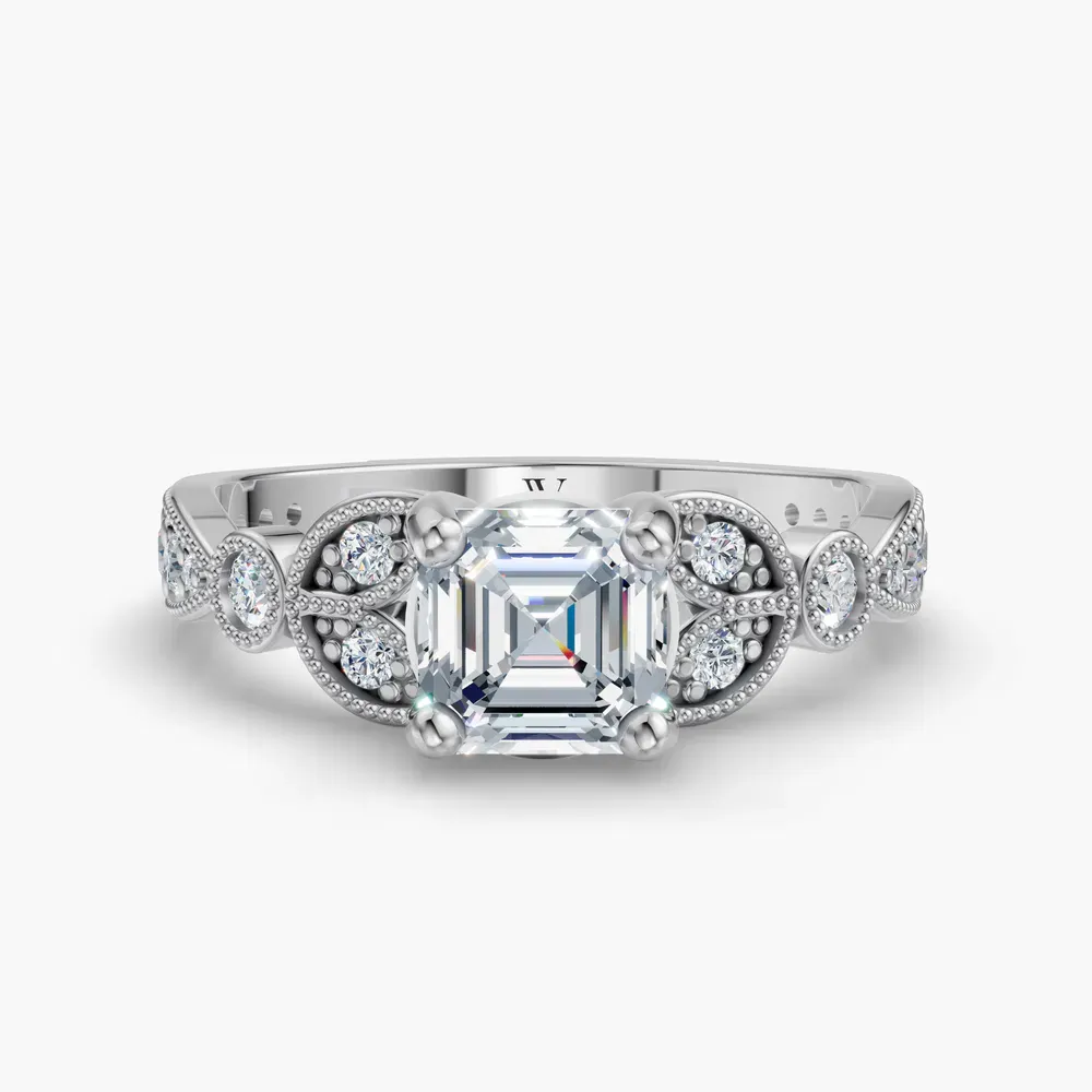 Certified 1 carat Lab Grown Diamond Asscher Cut Milgrain, Vintage, Side Stone Engagement Ring in 14K White Gold-Skye