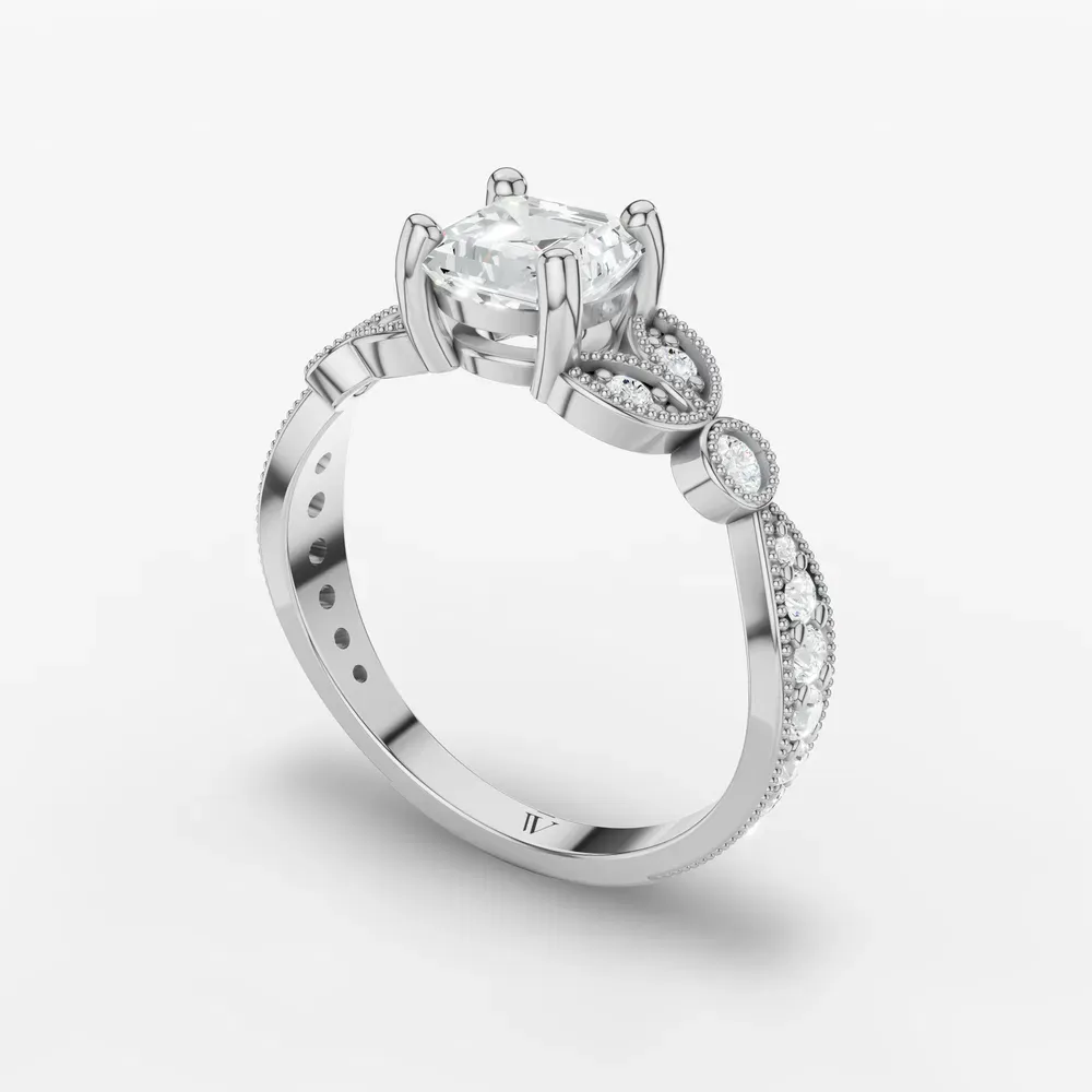 Certified 1 carat Lab Grown Diamond Asscher Cut Milgrain, Vintage, Side Stone Engagement Ring in 14K White Gold-Skye
