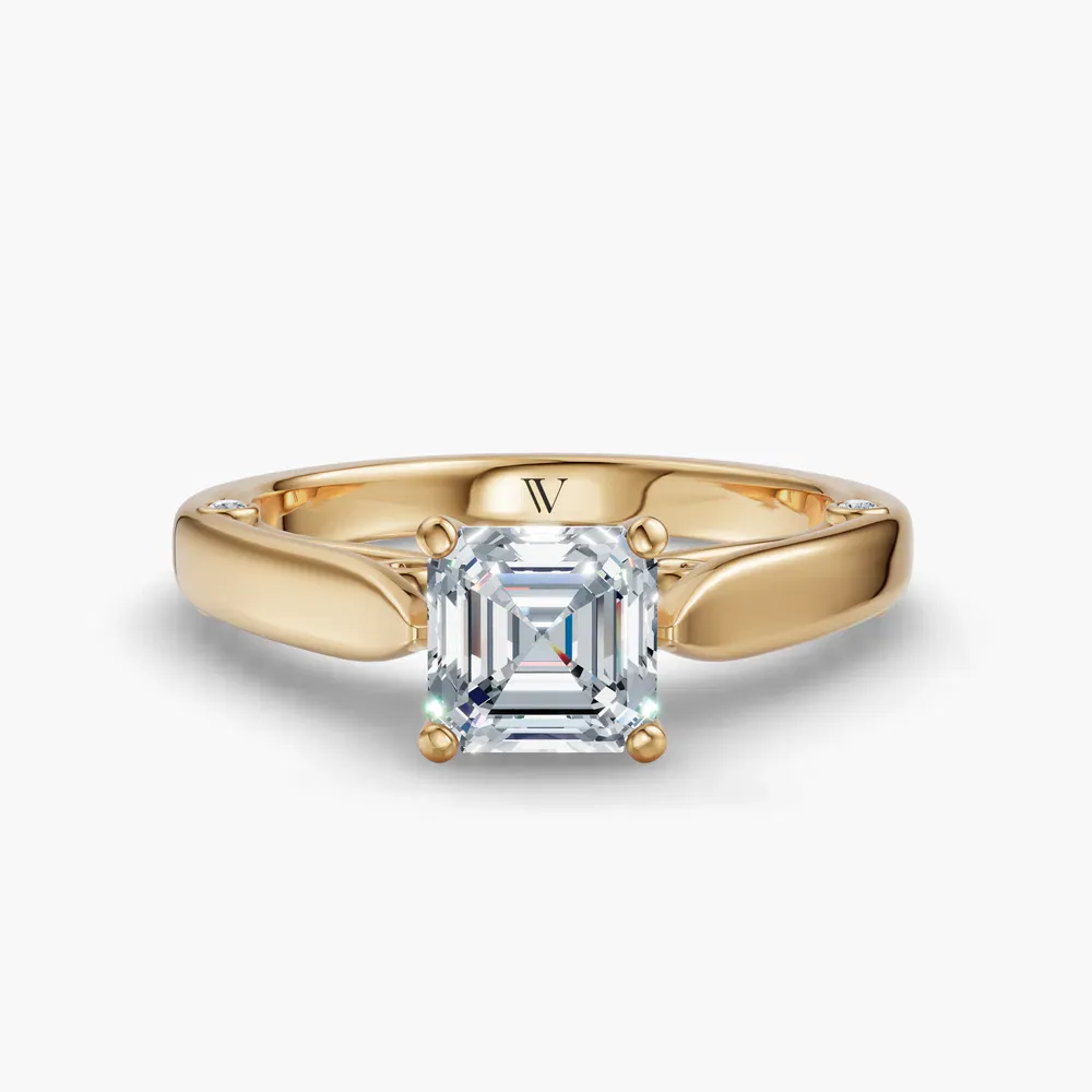 Certified 1 carat Lab Grown Diamond Asscher Cut Cathedral, Nature inspired, Solitaire Engagement Ring in 14K Yellow Gold-Saelor