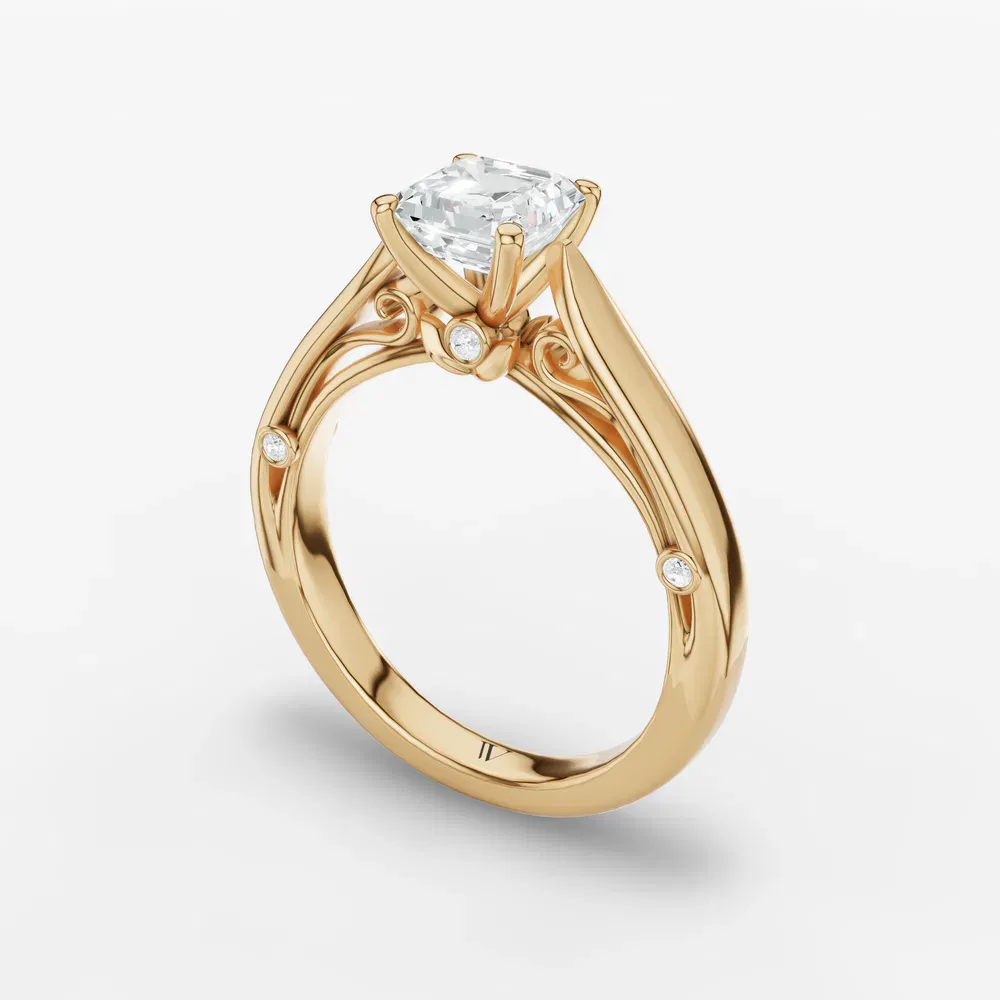 Certified 1 carat Lab Grown Diamond Asscher Cut Cathedral, Nature inspired, Solitaire Engagement Ring in 14K Yellow Gold-Saelor