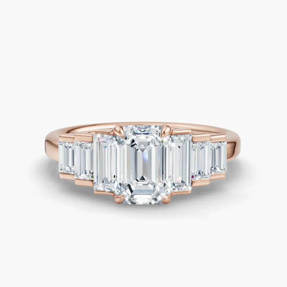 Certified 1 carat Lab Grown Diamond Emerald Cut Baguette, Art Deco, Side Stone Engagement Ring in 14K Rose Gold-Zepy