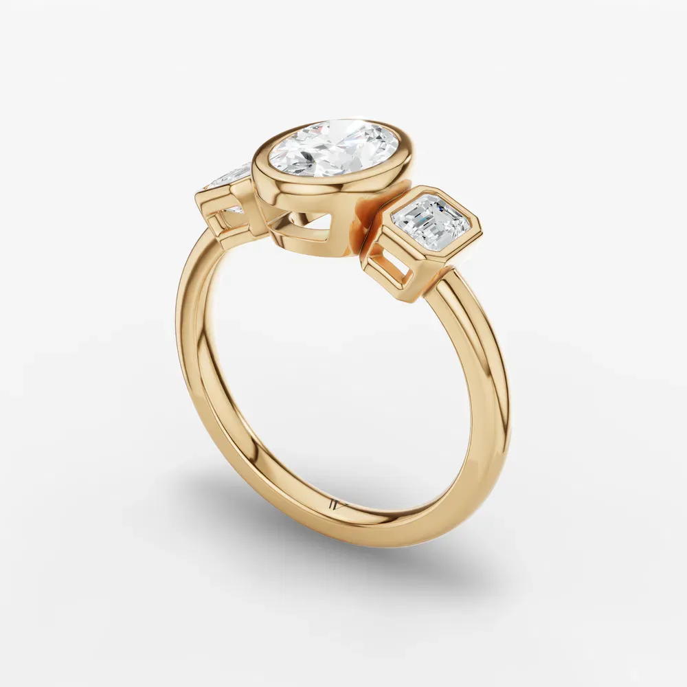 Certified 1 carat Lab Grown Diamond Oval Cut Three Stone, Bezel, Low profile Engagement Ring in 14K Yellow Gold-Elix