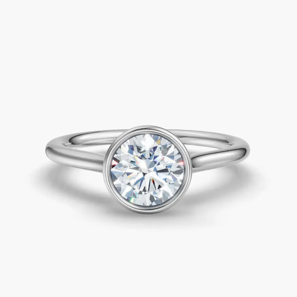 Certified 1 carat Lab Grown Diamond Round Cut Solitaire, Bezel, Cathedral Engagement Ring in 14K White Gold-Borvi