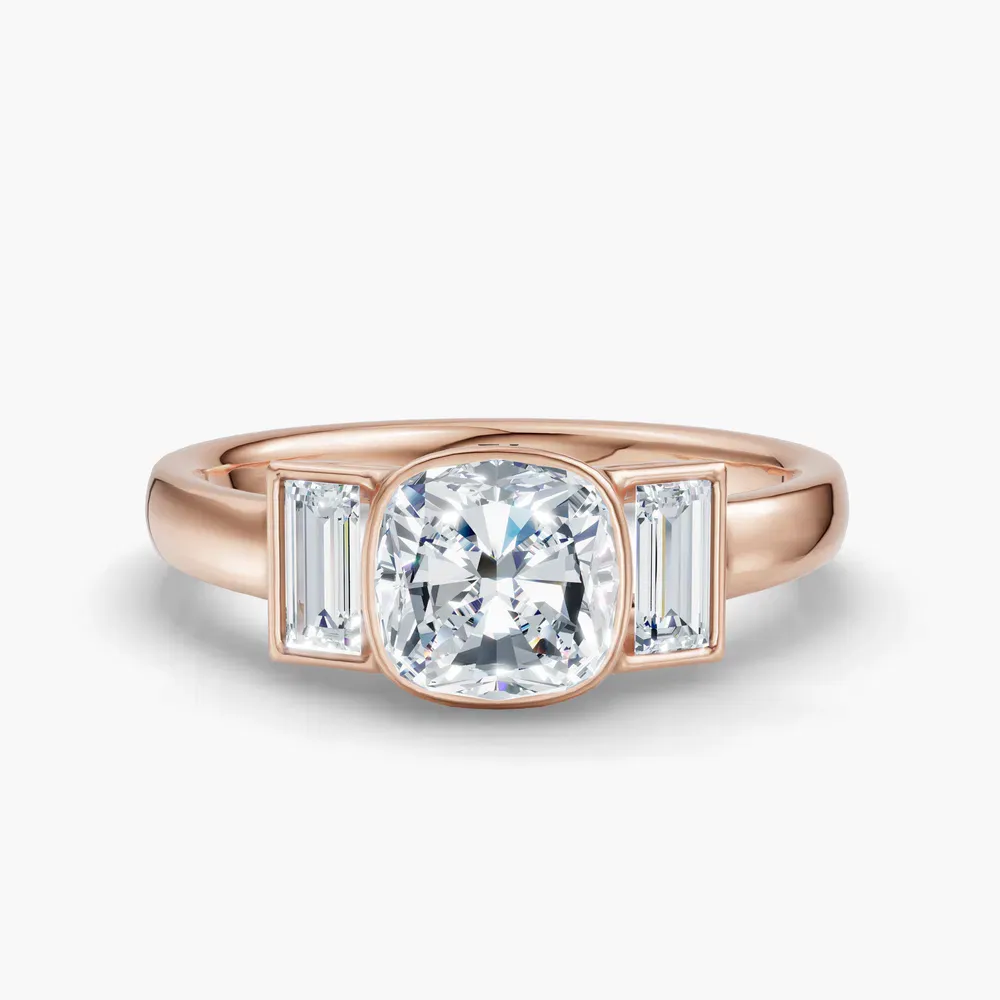 Certified 1 carat Lab Grown Diamond Cushion Cut Three Stone, Bezel, Baguette Engagement Ring in 14K Rose Gold-Kine