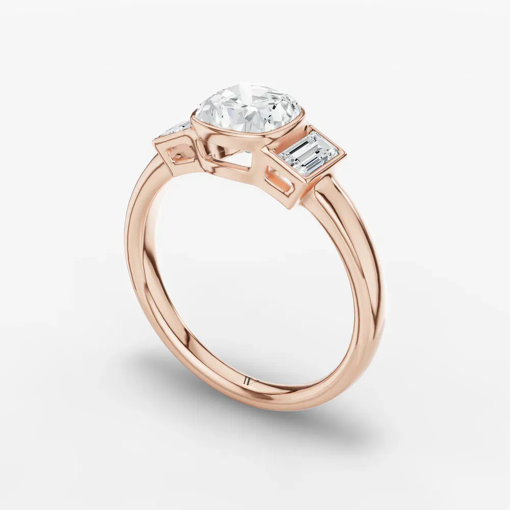 Certified 1 carat Lab Grown Diamond Cushion Cut Three Stone, Bezel, Baguette Engagement Ring in 14K Rose Gold-Kine