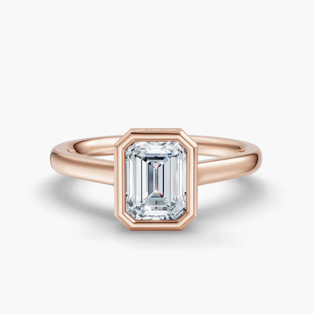 Certified 1 carat Lab Grown Diamond Emerald Cut Bezel, Solitaire, Hidden Halo Engagement Ring in 14K Rose Gold-Nival