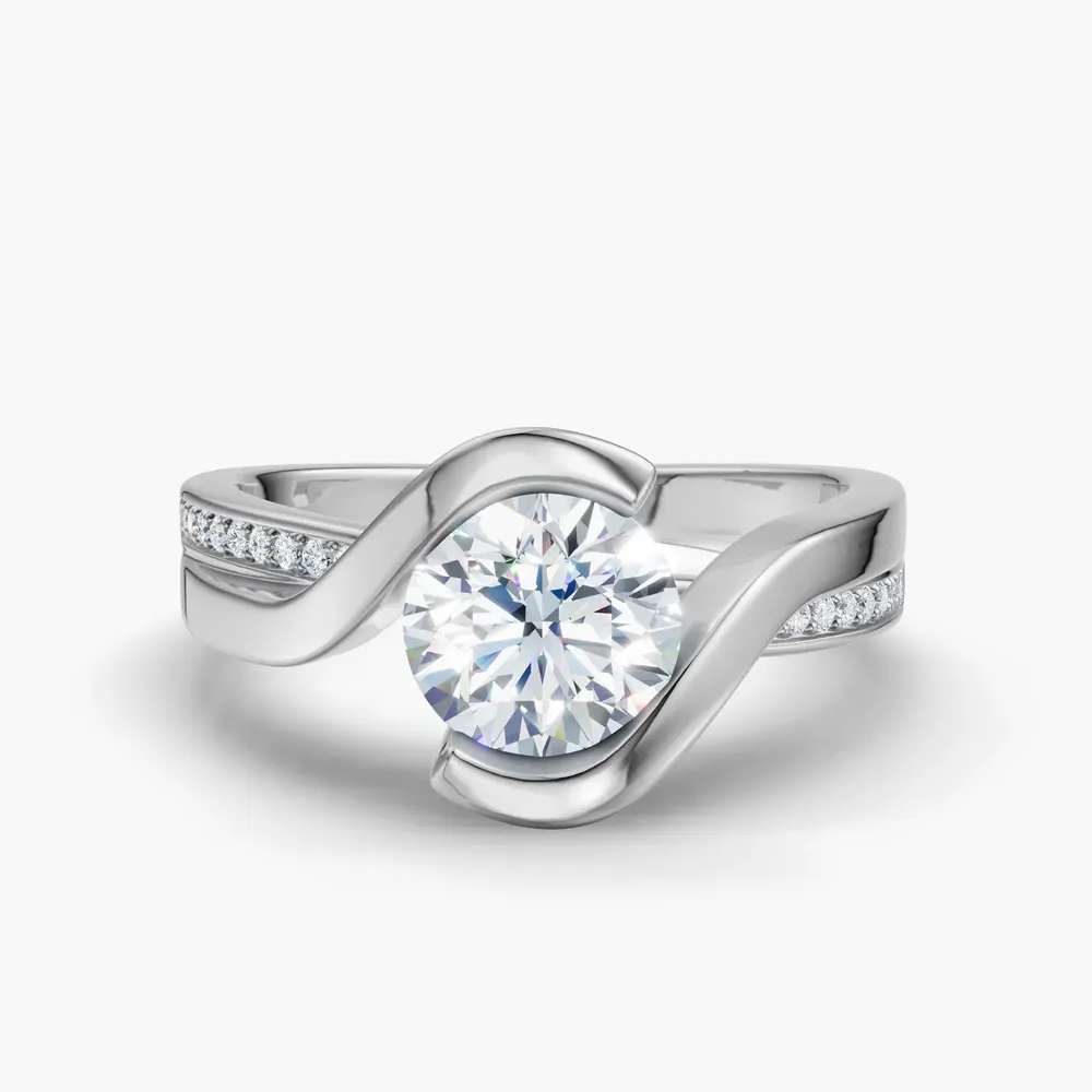 Certified 1 carat Lab Grown Diamond Round Cut Bezel, Modern, Split Shank Engagement Ring in 14K White Gold-Elara