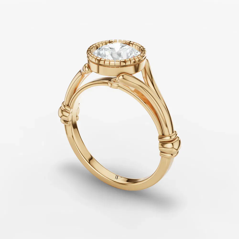 Certified 1 carat Lab Grown Diamond Round Cut Solitaire, Split Shank, Bezel Engagement Ring in 14K Yellow Gold-Nerea