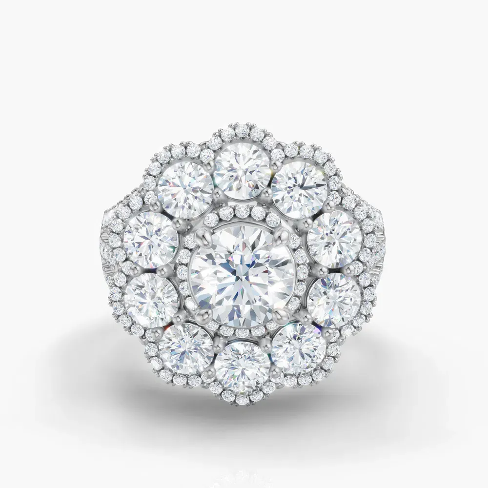 Certified 1 carat Lab Grown Diamond Round Cut Floral, Cluster, Split Shank Engagement Ring in 14K White Gold-Moss