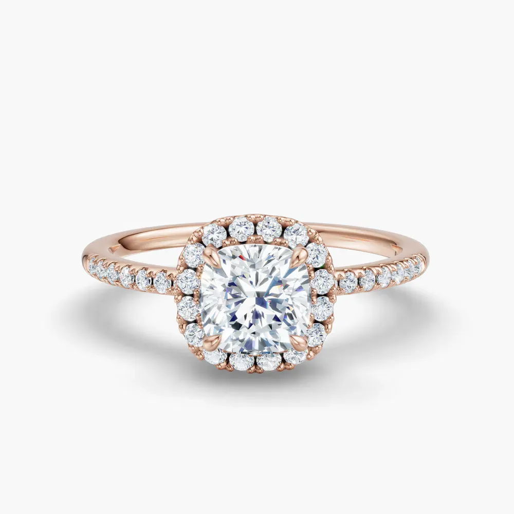 Certified 1 carat Lab Grown Diamond Cushion Cut Halo, Pavé, Classic Engagement Ring in 14K Rose Gold-Elite Vaelumette