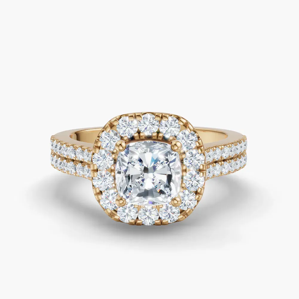 Certified 1 carat Lab Grown Diamond Cushion Cut Pavé, Halo, Cathedral Engagement Ring in 14K Yellow Gold-Maelis
