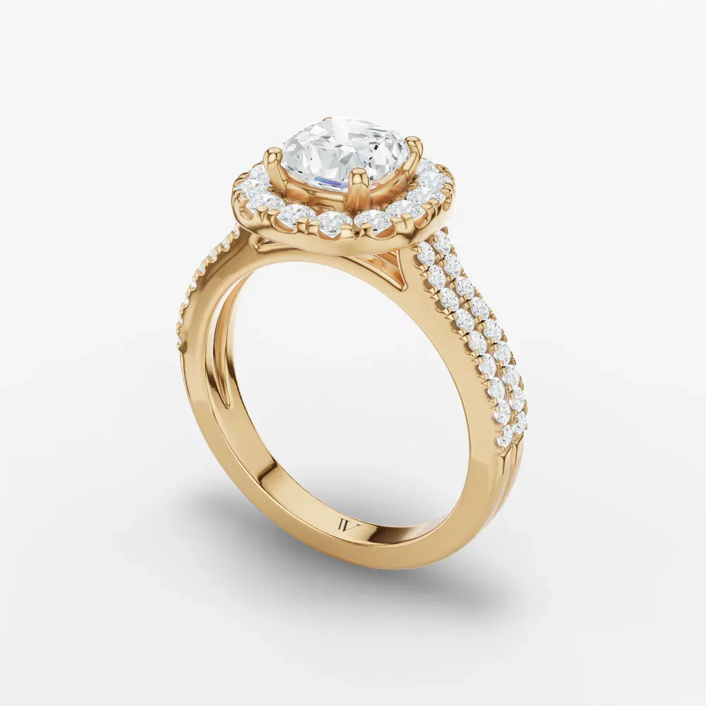 Certified 1 carat Lab Grown Diamond Cushion Cut Pavé, Halo, Cathedral Engagement Ring in 14K Yellow Gold-Maelis