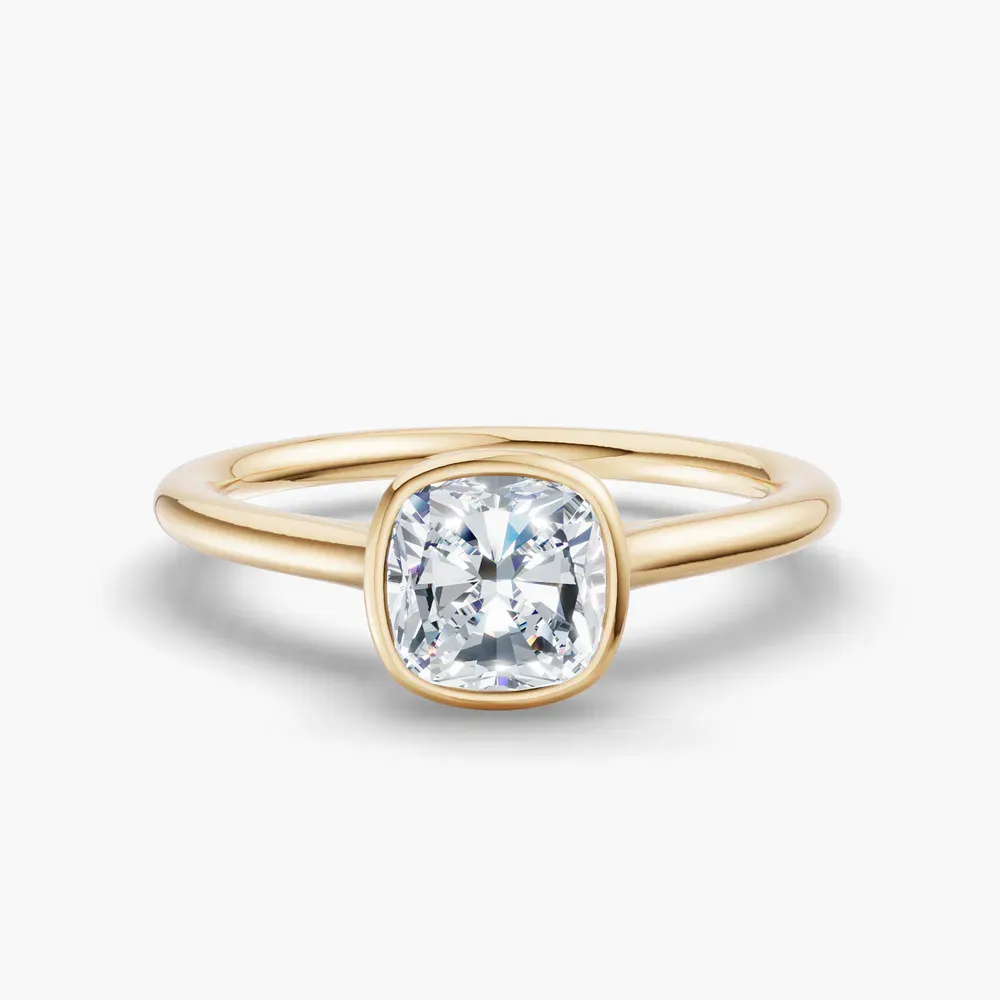 Certified 1 carat Lab Grown Diamond Cushion Cut Solitaire, Bezel, Cathedral Engagement Ring in 14K Yellow Gold-Borvi