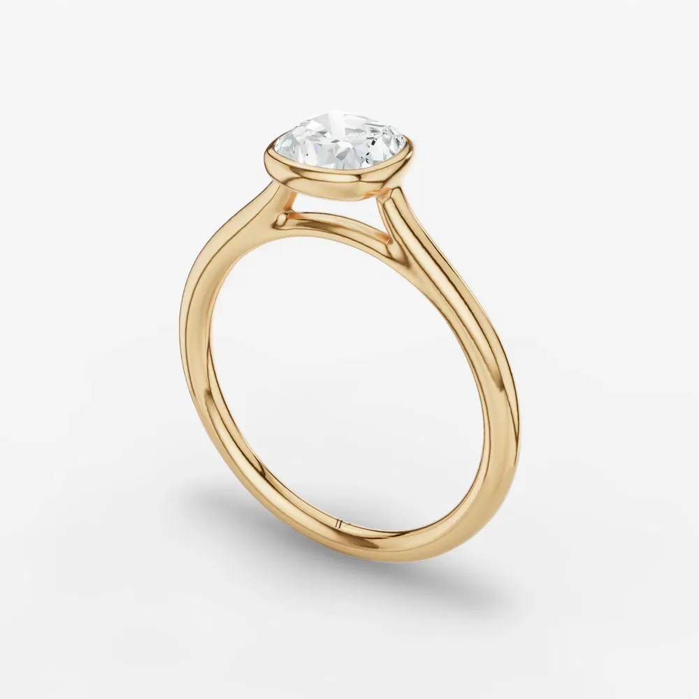 Certified 1 carat Lab Grown Diamond Cushion Cut Solitaire, Bezel, Cathedral Engagement Ring in 14K Yellow Gold-Borvi