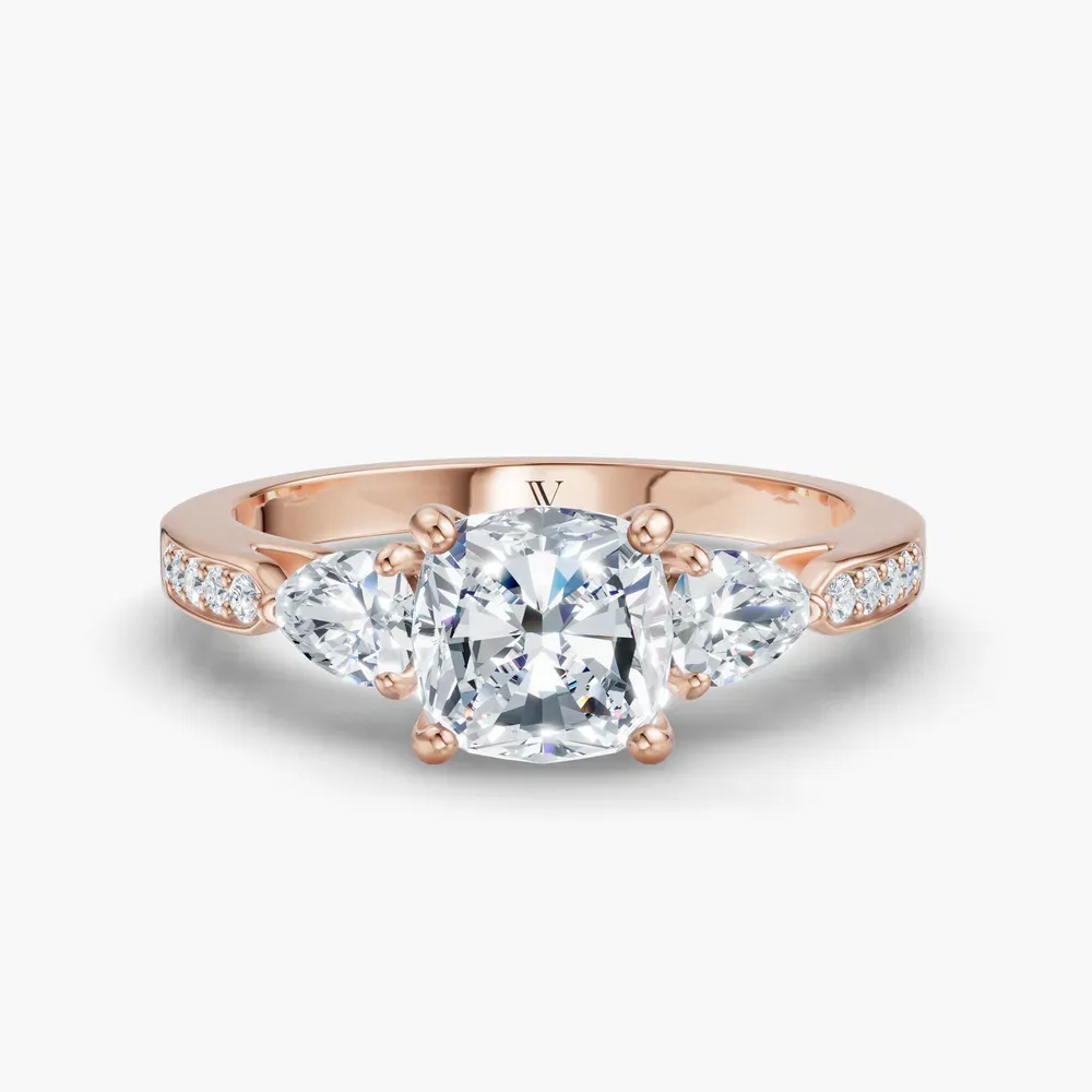 Certified 1 carat Lab Grown Diamond Cushion Cut Three Stone, Pavé, Side Stone Engagement Ring in 14K Rose Gold-Zevd
