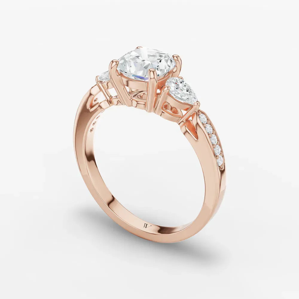 Certified 1 carat Lab Grown Diamond Cushion Cut Three Stone, Pavé, Side Stone Engagement Ring in 14K Rose Gold-Zevd