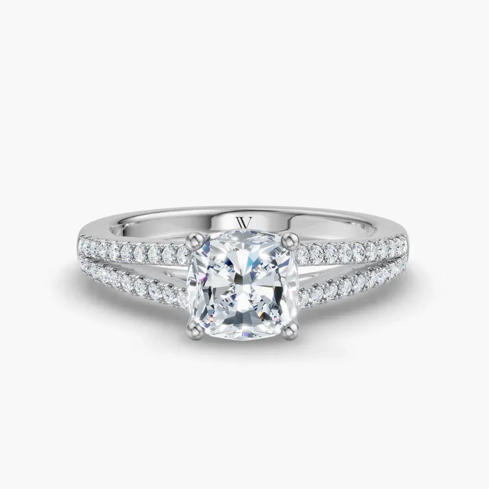 Certified 1 carat Lab Grown Diamond Cushion Cut Pavé, Cathedral, Split Shank Engagement Ring in 14K White Gold-Lumy