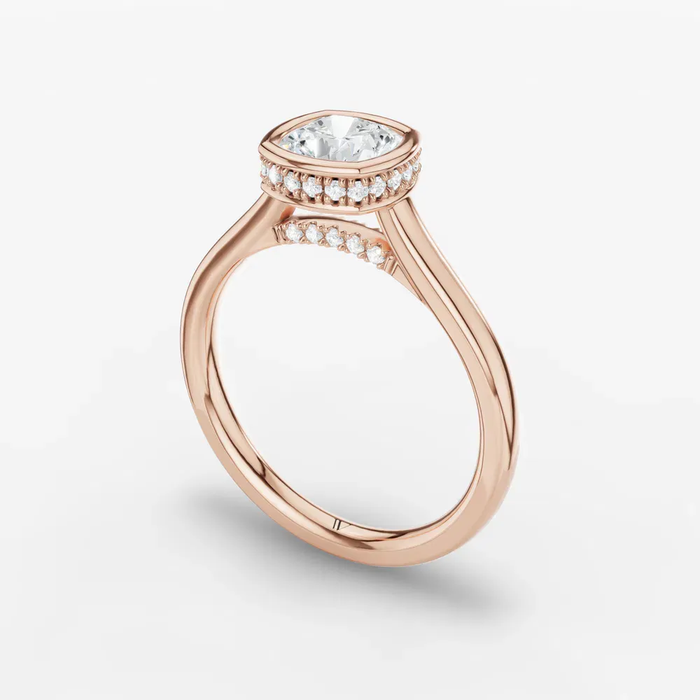 Certified 1 carat Lab Grown Diamond Cushion Cut Bezel, Solitaire, Hidden Halo Engagement Ring in 14K Rose Gold-Nival
