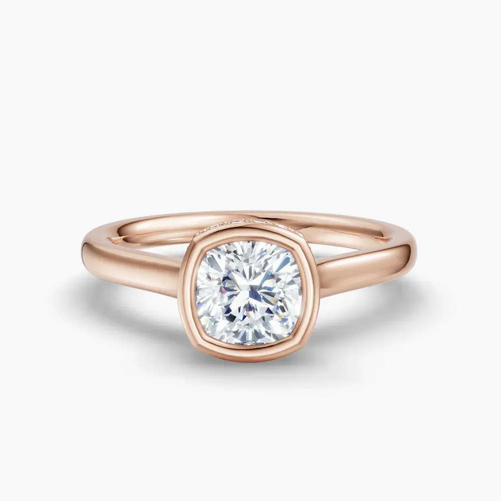 Certified 1 carat Lab Grown Diamond Cushion Cut Bezel, Solitaire, Hidden Halo Engagement Ring in 14K Rose Gold-Nival