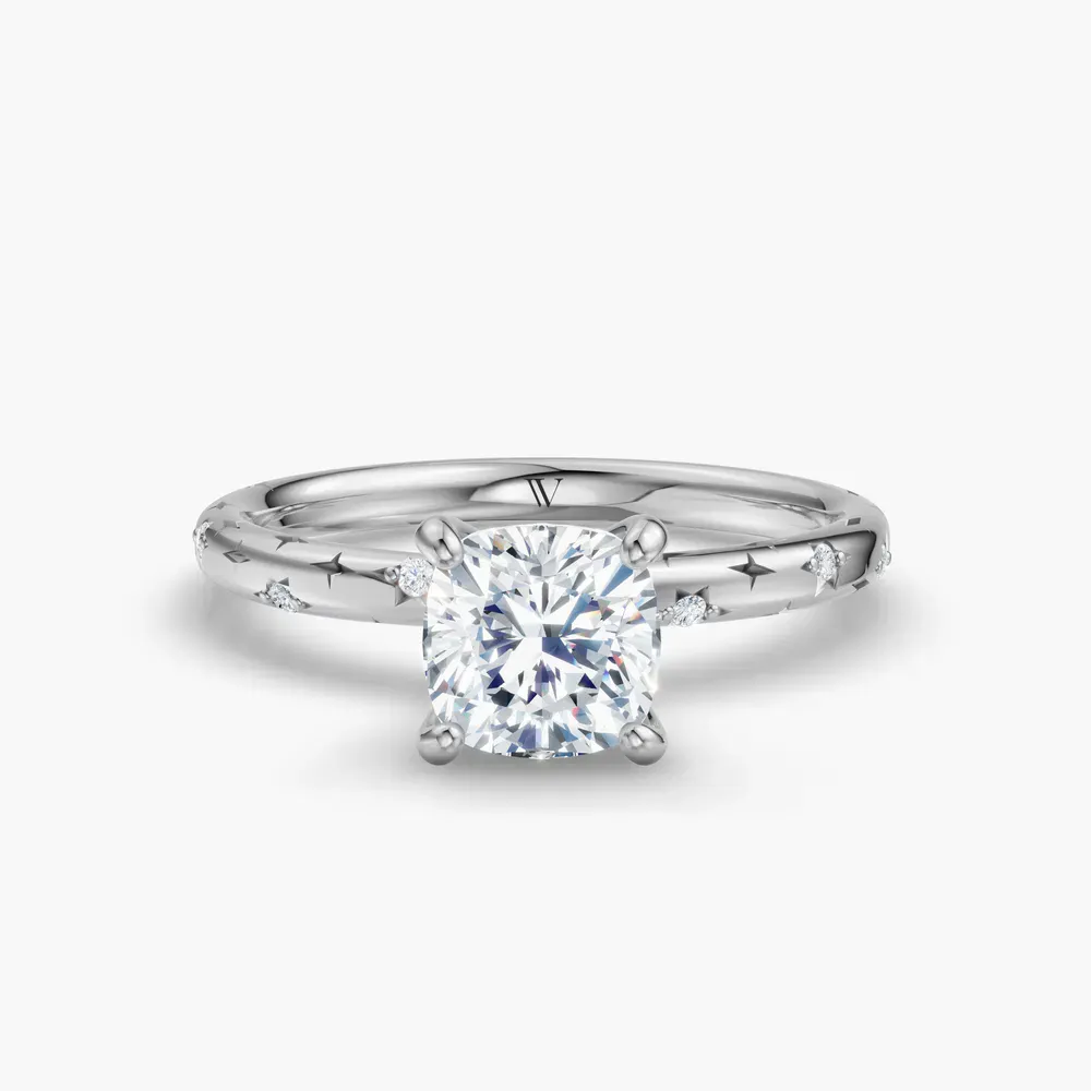 Certified 1 carat Lab Grown Diamond Cushion Cut Hidden Halo, Unique, Side Stone Engagement Ring in 14K White Gold-Celestyn
