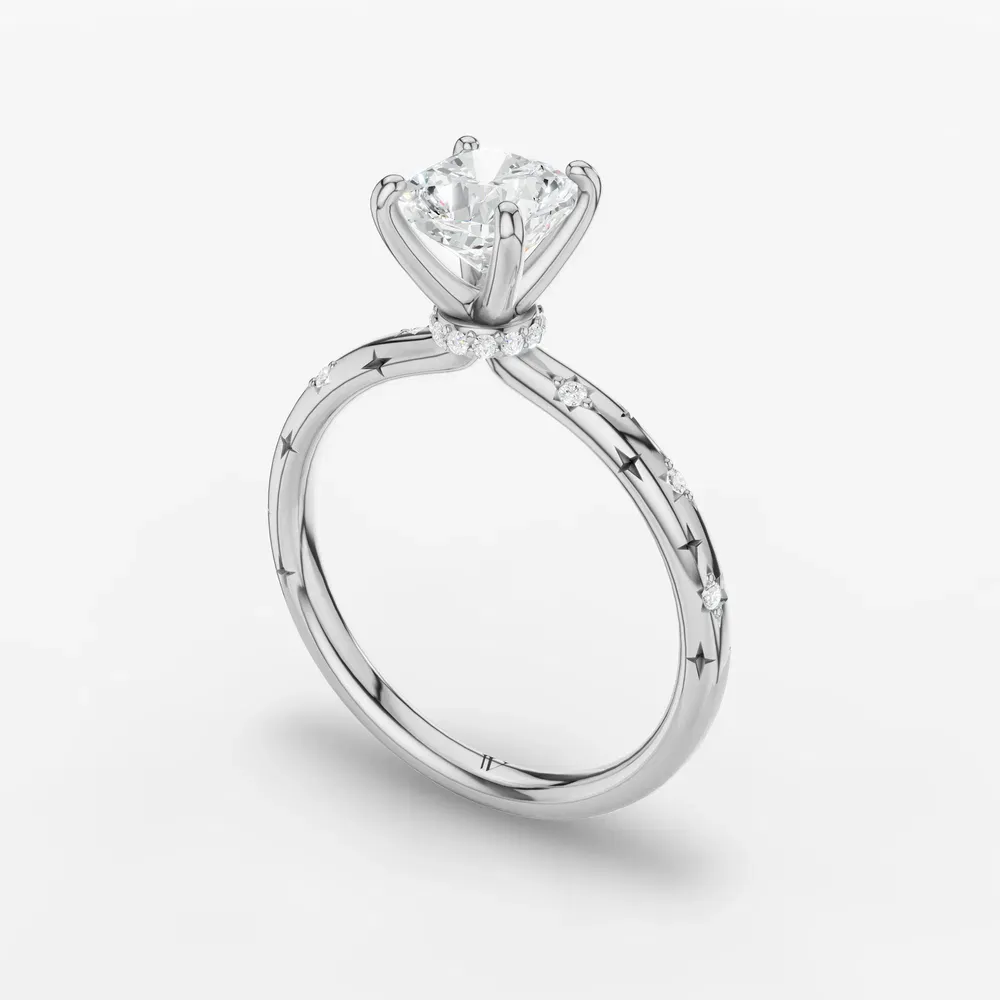 Certified 1 carat Lab Grown Diamond Cushion Cut Hidden Halo, Unique, Side Stone Engagement Ring in 14K White Gold-Celestyn