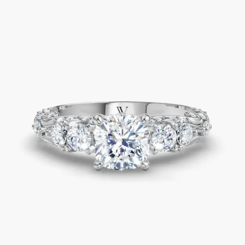 Certified 1 carat Lab Grown Diamond Cushion Cut Hidden Halo, Unique, Side Stone Engagement Ring in 14K White Gold-Marinia