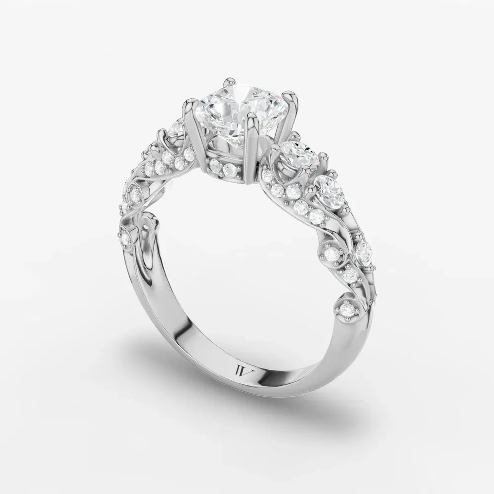 Certified 1 carat Lab Grown Diamond Cushion Cut Hidden Halo, Unique, Side Stone Engagement Ring in 14K White Gold-Marinia