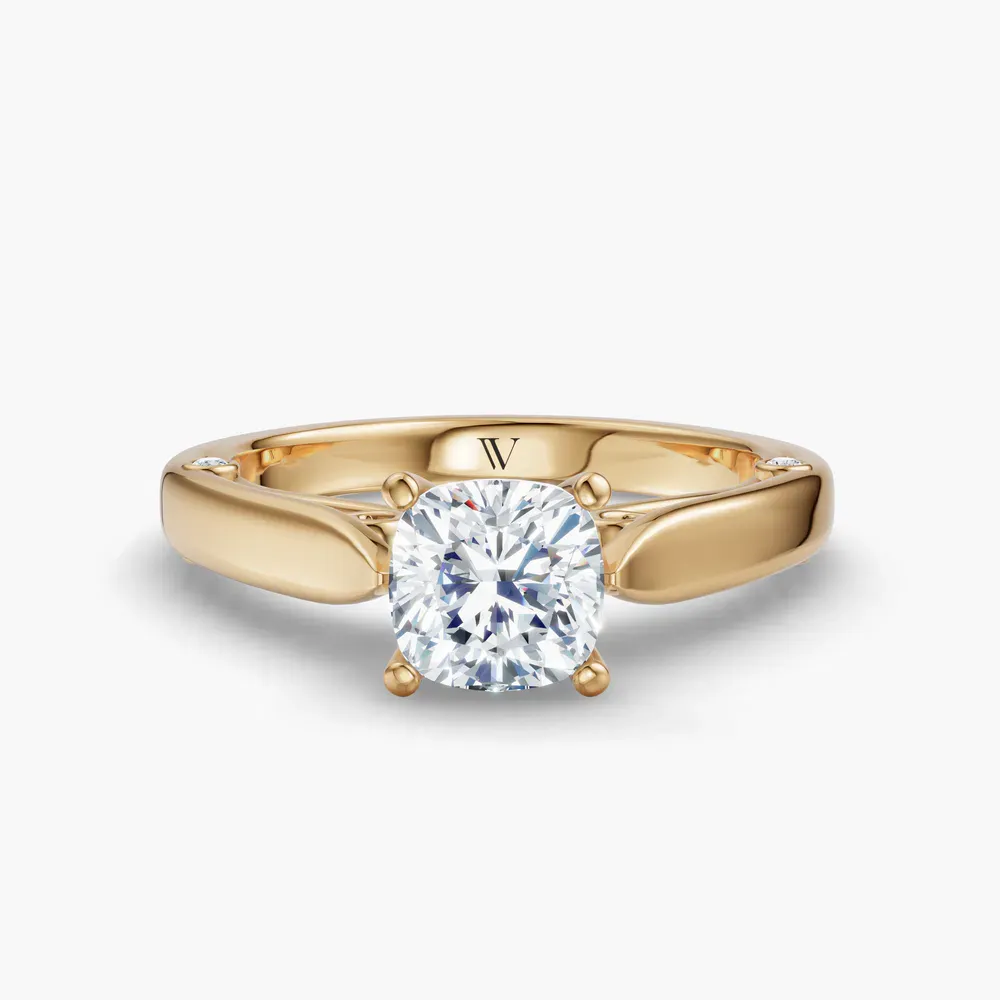 Certified 1 carat Lab Grown Diamond Cushion Cut Cathedral, Nature inspired, Solitaire Engagement Ring in 14K Yellow Gold-Saelor
