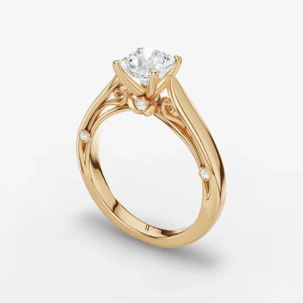 Certified 1 carat Lab Grown Diamond Cushion Cut Cathedral, Nature inspired, Solitaire Engagement Ring in 14K Yellow Gold-Saelor