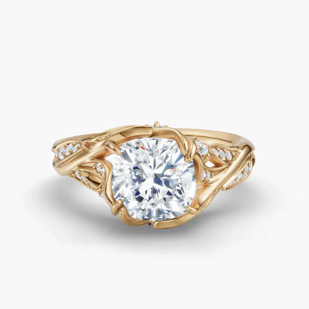 Certified 1 carat Lab Grown Diamond Cushion Cut Nature inspired, Twist, Pavé Engagement Ring in 14K Yellow Gold-Hush
