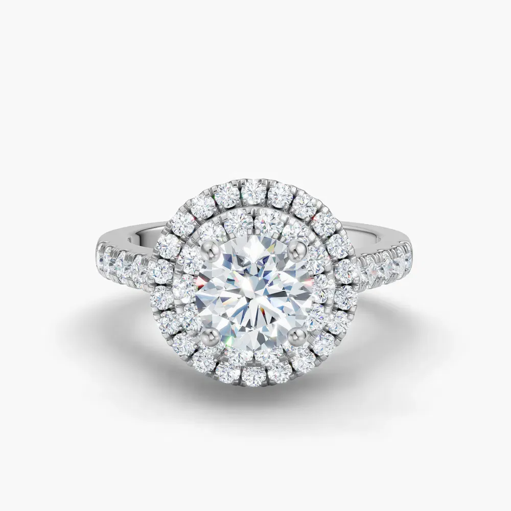 Certified 1 carat Lab Grown Diamond Round Cut Halo, Pavé, Double halo Engagement Ring in 14K White Gold-Brexa